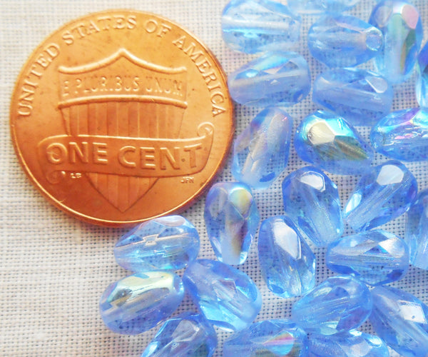 Lot of 25 7 x 5mm Light Sapphire Blue AB teardrop Czech glass beads, faceted fire polished beads C3701