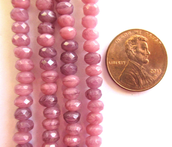38 small faceted Czech glass puffy rondelle beads - 3mm x 5mm dusty two tone pink , milky pink opal Czech glass C0016