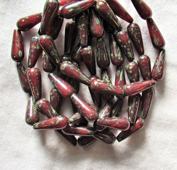 Lot of ten Czech glass teardrop beads - opaque red with a picasso finish - 6 x 15mm rustic, earthy elongated tear drops 14106