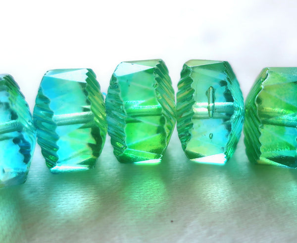 Six Czech glass faceted wavy rondelle beads, large 14 x 6mm aqua blue & lime green AB, chunky rondelles, C18101