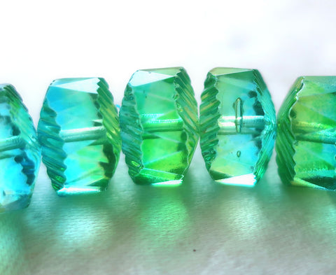 Six Czech glass faceted wavy rondelle beads, large 14 x 6mm aqua blue & lime green AB, chunky rondelles, C18101 - Glorious Glass Beads