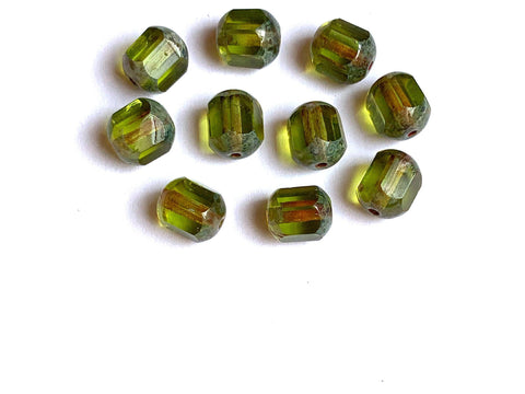15 Czech glass faceted cathedral or barrel beads six sides - 8mm fire polished olive green beads with a picasso finish on the ends C0007