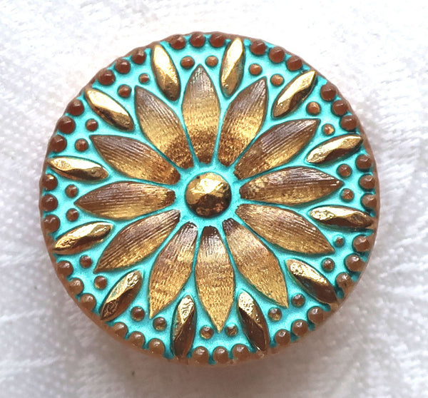 One Czech glass button , 30mm gold flower button with gold accents and a turquoise wash. golden decorative floral shank buttons C03301