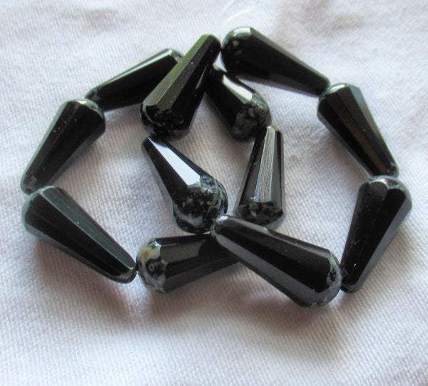 Six Czech glass long faceted teardrop beads - opaque jet black w/ picasso finish on the ends - 9 x 20mm elongated tear drops 19106