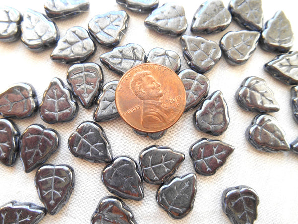 25 12 x 10mm Czech Hematite, metallic gray, center drilled, leaf beads, Czech glass beads C61125