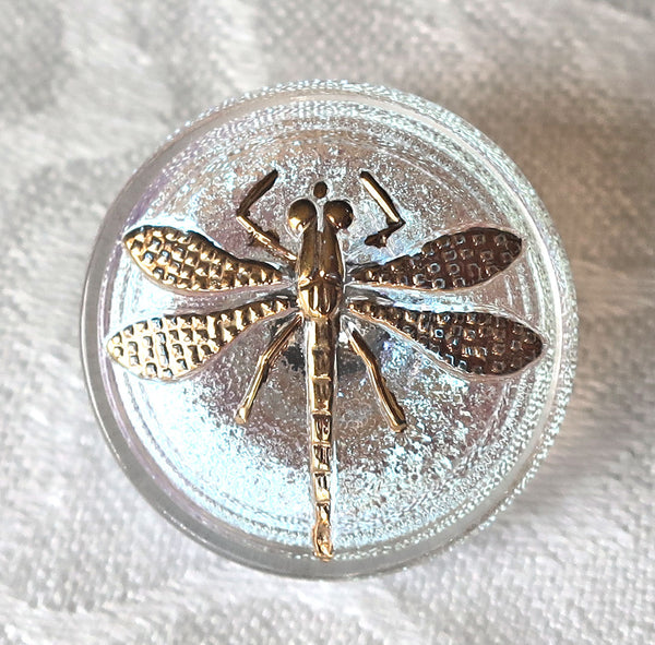 One 22mm Czech glass button - Crystal AB with a gold dragonfly - decorative shank buttons 84201