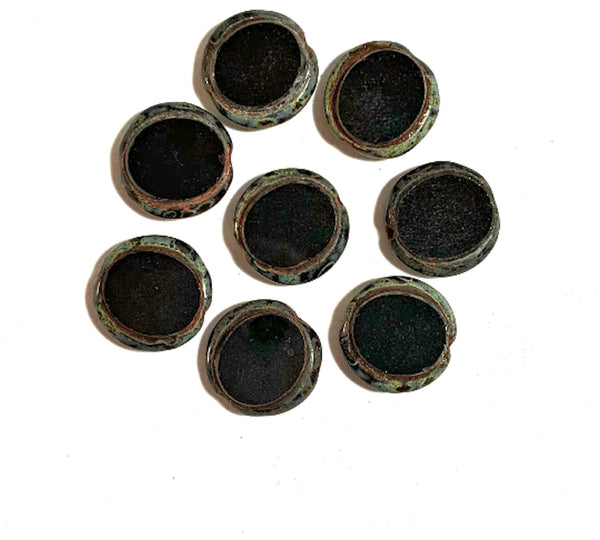 Six 14mm Czech glass coin or disc beads - table cut carved jet black beads with a picasso finish along the edges C0611