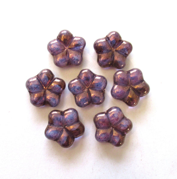 Lot of six 17mm Czech glass flower beads - amethyst, purple pressed beads with an iridescent luster finish - 00351