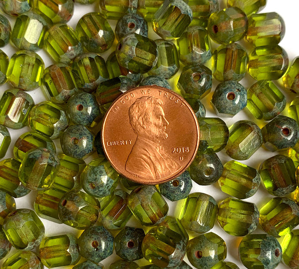 15 Czech glass faceted cathedral or barrel beads six sides - 8mm fire polished olive green beads with a picasso finish on the ends C0007