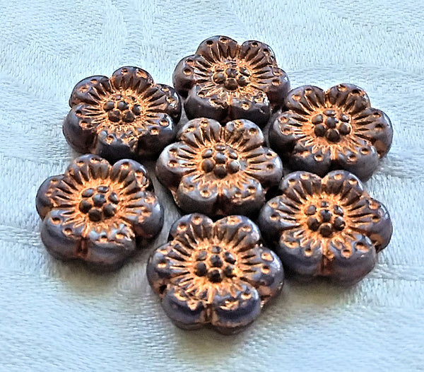 Twelve Czech glass wild rose flower beads - 14mm opaque purple, amethyst floral beads with a copper wash C07105 - Glorious Glass Beads