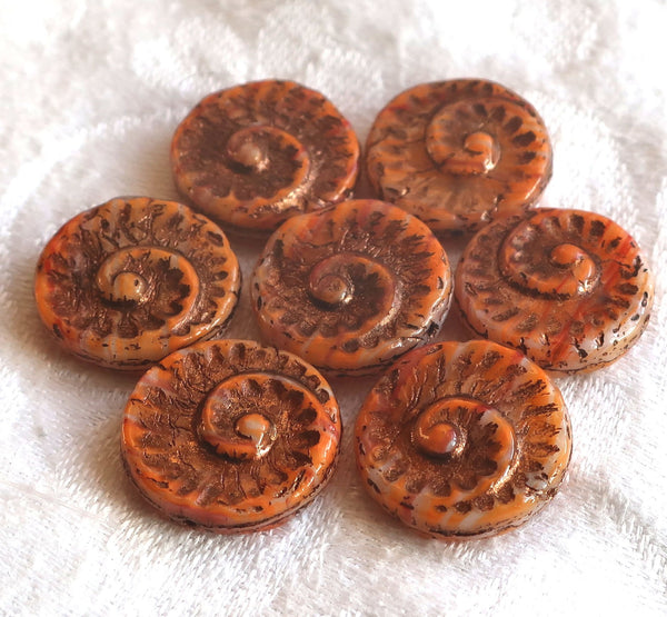 Six large Czech glass snail fossil beads, 18mm opaque orange wash on white with bronze accents, earthy, rustic coin / disc focal beads C0616 - Glorious Glass Beads
