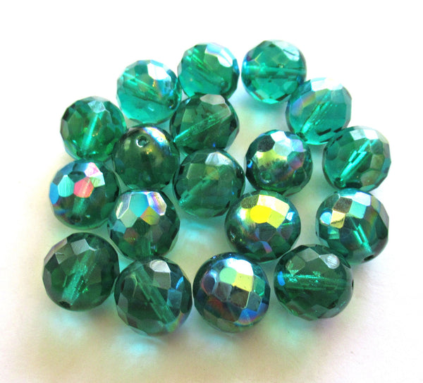 Ten 12mm Czech glass beads - teal blue green AB beads - faceted round fire polished beads C0089
