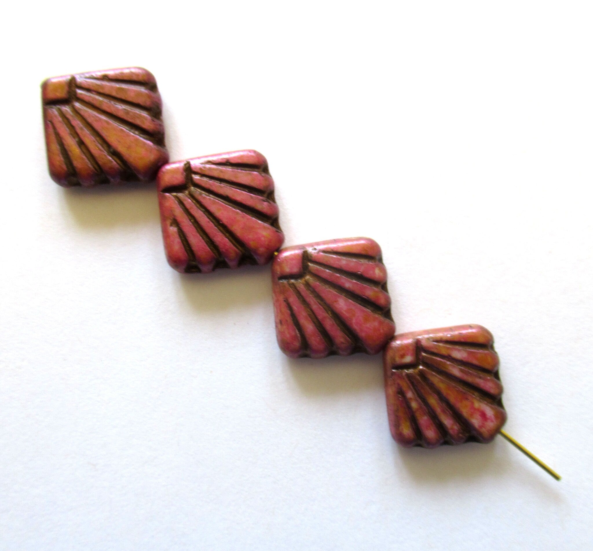 8 Czech glass square fan beads - 17 x 17mm - opaque pink beads with a splotchy rustic finish - C0089