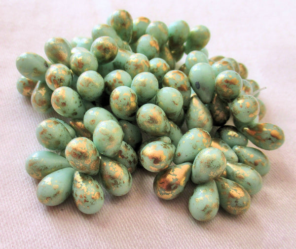 Lot of 25 Czech glass drop beads - opaque mint green with gold accents - smooth teardrop beads - 9 x 6mm C82101