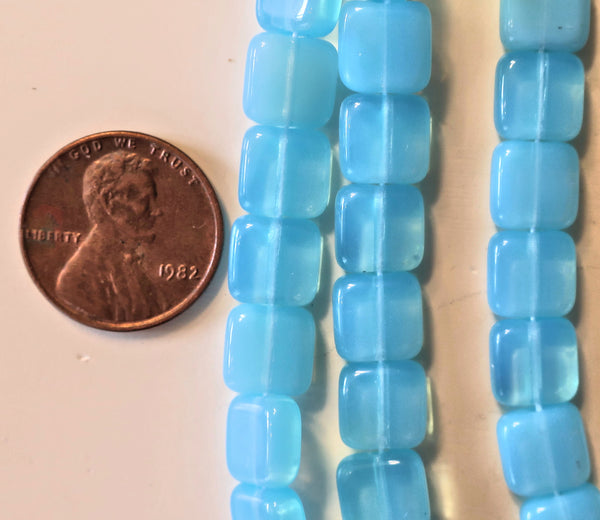 Lot of 25 9mm one hole flat square Czech glass beads - translucent milky aqua blue 96101 - Glorious Glass Beads