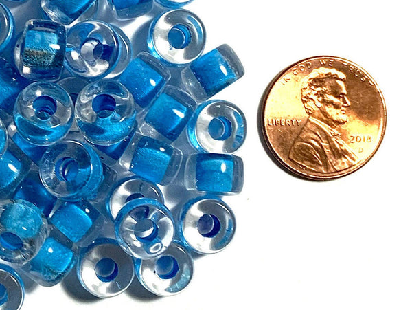 Twenty-five 9mm Czech glass pony, crow, roller beads - blue lined large hole beads - C0078