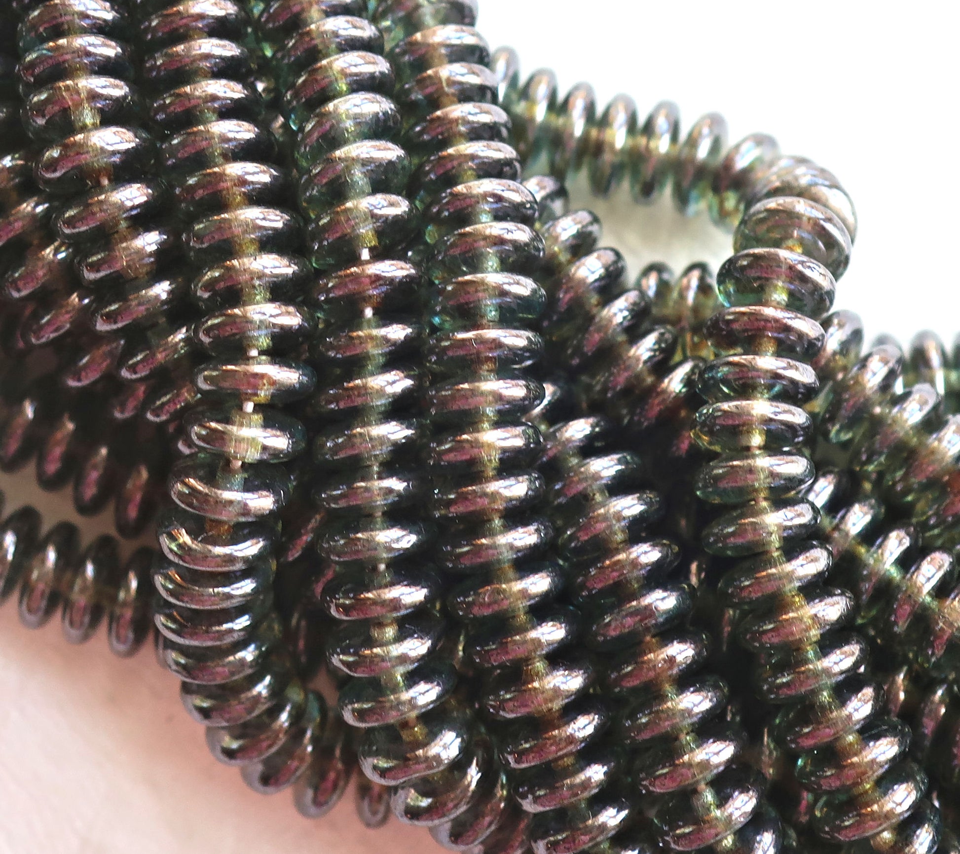 Lot of 50 6mm Czech glass rondelle beads, transparent luster green flat spacers or rondelles C5701 - Glorious Glass Beads