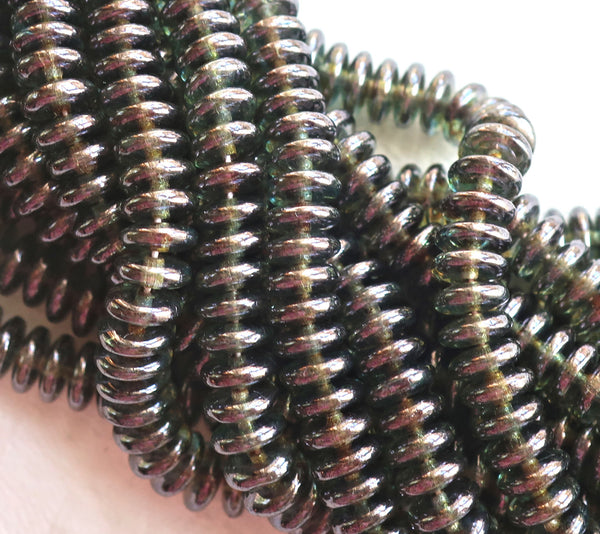 Lot of 50 6mm Czech glass rondelle beads, transparent luster green flat spacers or rondelles C5701