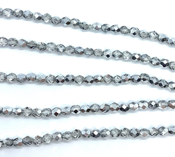 25 faceted round Czech glass beads - 6mm fire polished silver crystal mix beads - C0064