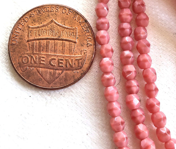 50 3mm Opaque Coral Pink beads, firepolished, faceted, round Czech glass beads, C1550 - Glorious Glass Beads
