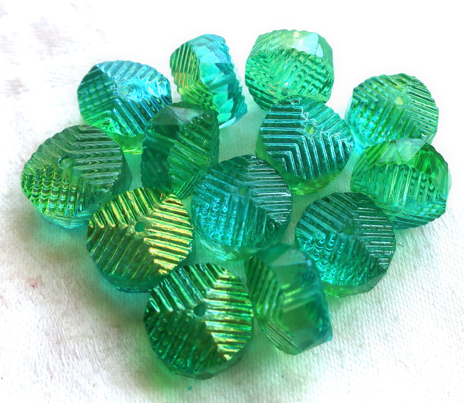 Six Czech glass faceted wavy rondelle beads, large 14 x 6mm aqua blue & lime green AB, chunky rondelles, C18101 - Glorious Glass Beads