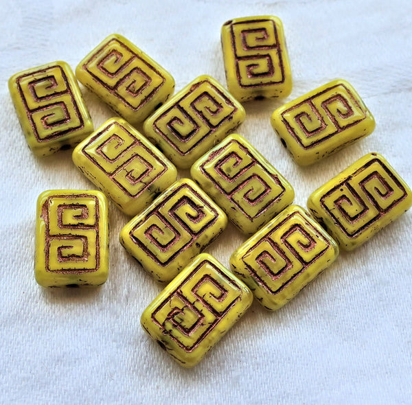12 Czech glass rectangle beads - translucent yellow with a bronze wash - Greek key pattern rectangular beads - 13 x 9mm C0901 - Glorious Glass Beads