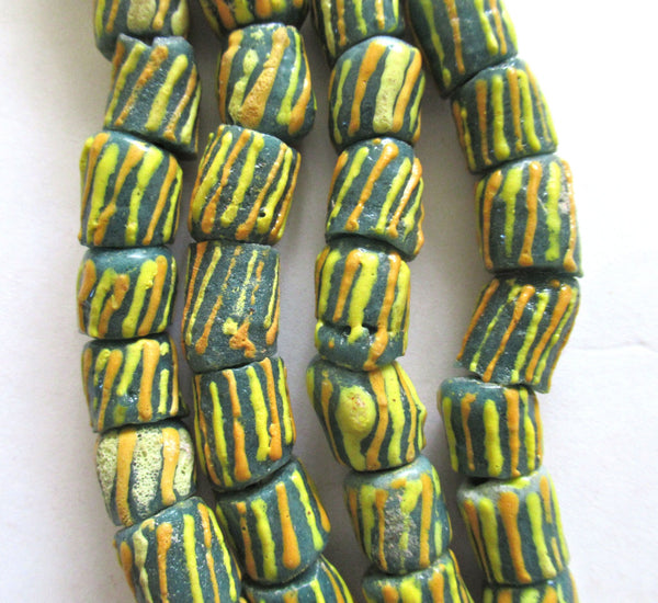 8 African Ghana glass cylinder tube beads - green beads w/ orange & yellow stripes - 13 - 10mm by 9 - 10mm big hole rustic beads - C0089