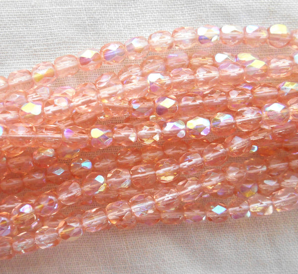 50 4mm Czech glass beads, Pink AB, firepolished, faceted round beads C2750