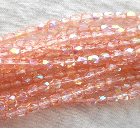 50 4mm Czech glass beads, Pink AB, firepolished, faceted round beads C2750 - Glorious Glass Beads