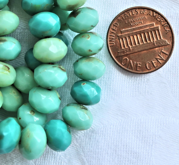 Lot of 25 puffy rondelle beads, turquoise blue green mix with a picasso finish, 8mm x 6mm faceted Czech glass rondelles 07201 - Glorious Glass Beads