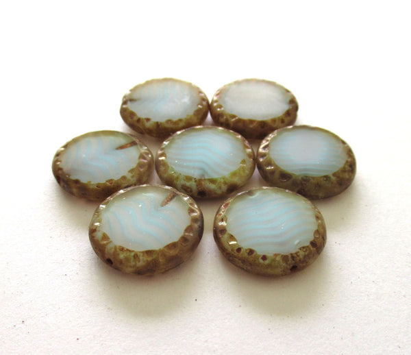 Six 16mm Czech glass coin or disc beads - marbled silky white picasso beads - table cut carved beads w/ textured edges - C00941