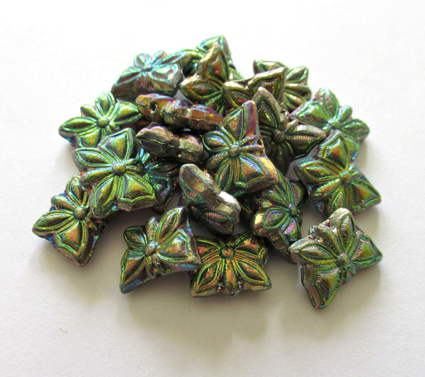 Eight Czech glass butterfly beads - metallic blue purple & green rainbow - 15 x 12mm pressed glass beads C0097