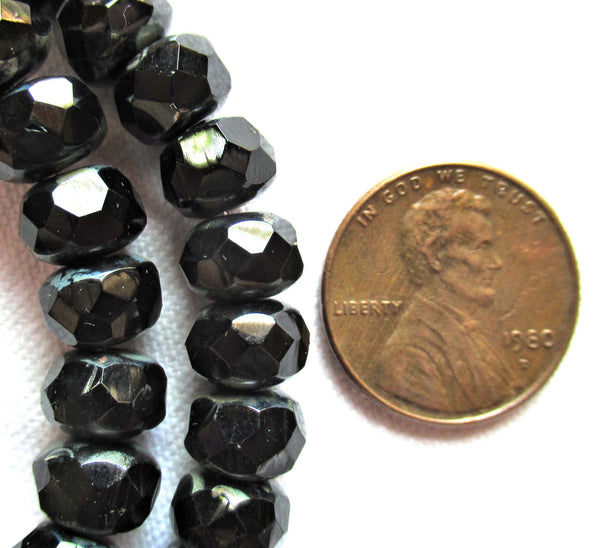 Lot of 30 Czech glass puffy rondelles - 8 x 6mm jet black picasso faceted puffy rondelle beads