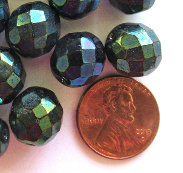 Ten Czech glass fire polished faceted round beads - 12mm green iris beads C0087