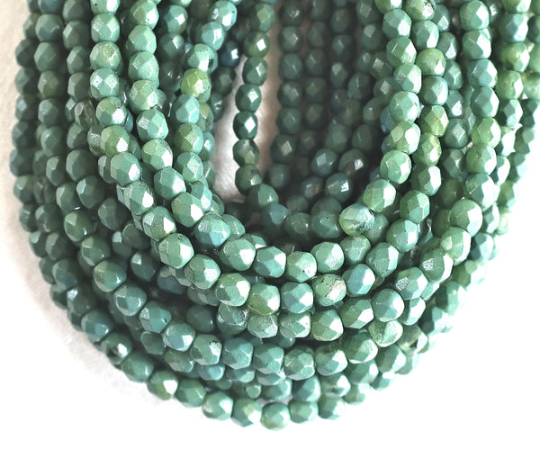 Lot of 50 4mm Opaque Coated Pea Green Czech glass beads, firepolished, faceted round beads, C9601 - Glorious Glass Beads