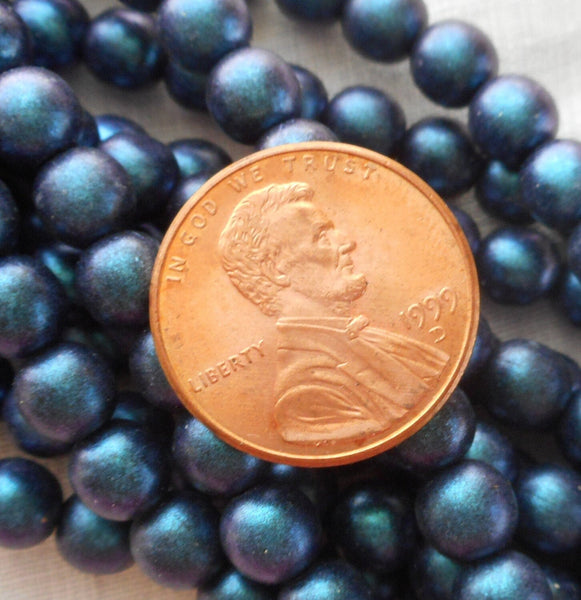 50 6mm Czech glass beads, Polychrome Indigo Orchid, Matte Navy Blue smooth round druk beads C31150
