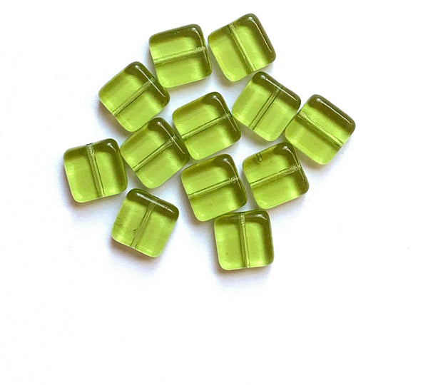 Twenty 9mm square Czech glass beads - transparent olivine or olive green pressed glass beads C0045