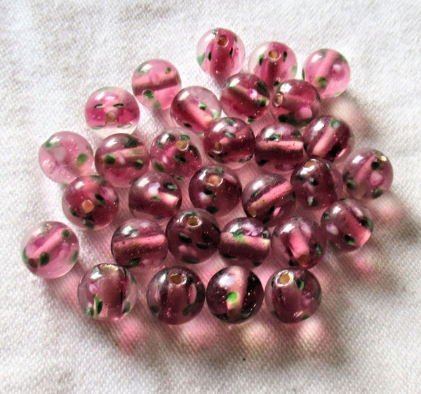 Lot of 20 8mm smooth round pink floral druk beads - made in India glass flower smooth round druks C5901