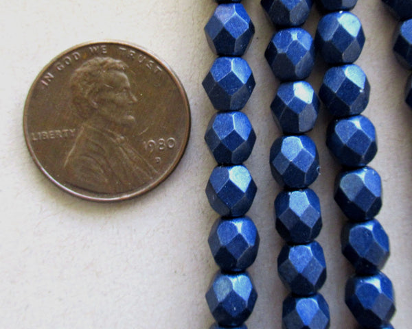 25 6mm faceted round Czech glass beads - Saturated Metallic Evening Blue beads - C0093