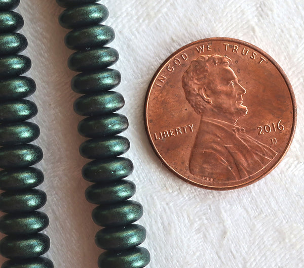 Lot of 50 6mm Czech glass rondelle beads, matte metallic dark forrest green suede flat spacers or rondelles C5701 - Glorious Glass Beads