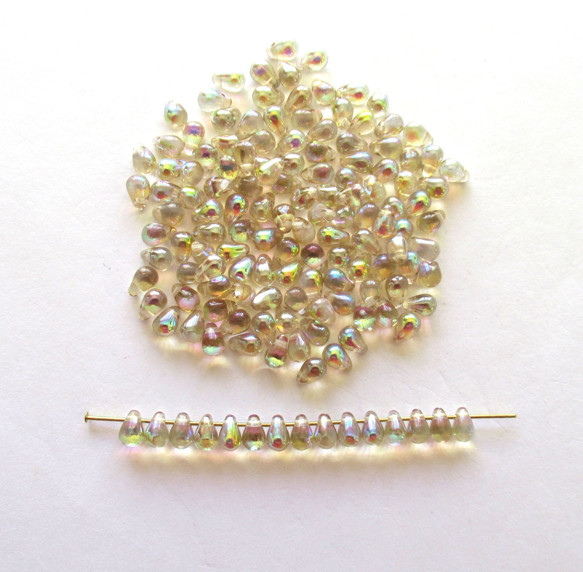 Fifty Czech glass teardrop beads - 6 x 4mm lemon yellow or champagne AB drop or pear beads - C0005
