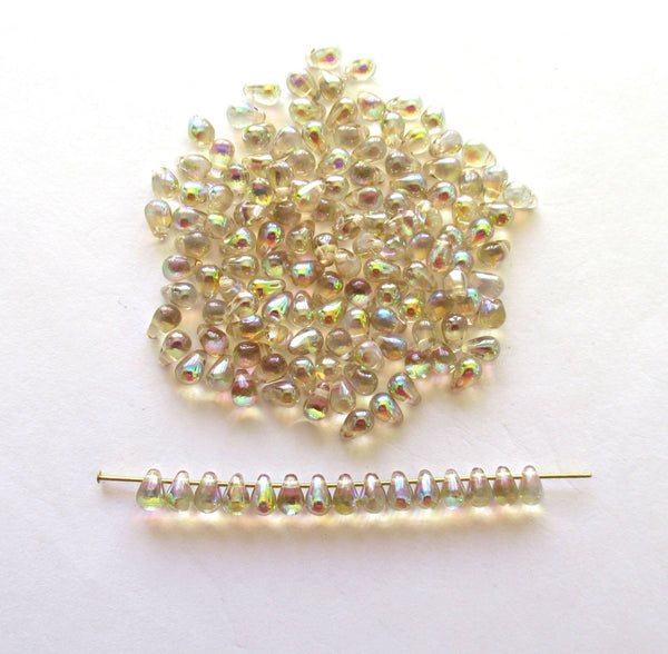 Fifty Czech glass teardrop beads - 6 x 4mm lemon yellow or champagne AB drop or pear beads - C0005