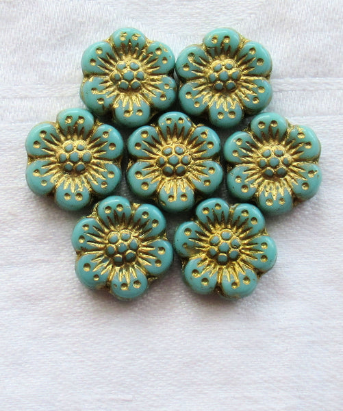 Twelve Czech glass wild rose flower beads - 14mm opaque turquoise blue floral beads with a gold wash C07105