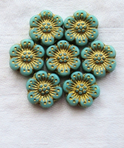 Twelve Czech glass wild rose flower beads - 14mm opaque turquoise blue floral beads with a gold wash C07105 - Glorious Glass Beads