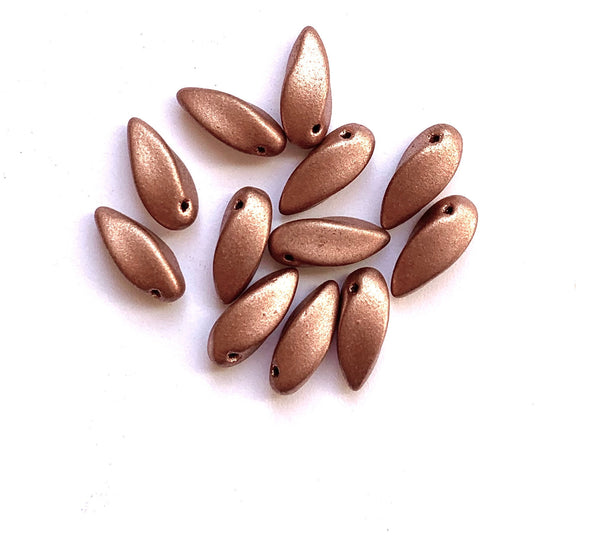 20 Czech glass twisted teardrop, petal or dagger beads - top drilled 6 x 12mm matte metallic copper pressed glass beads C0038