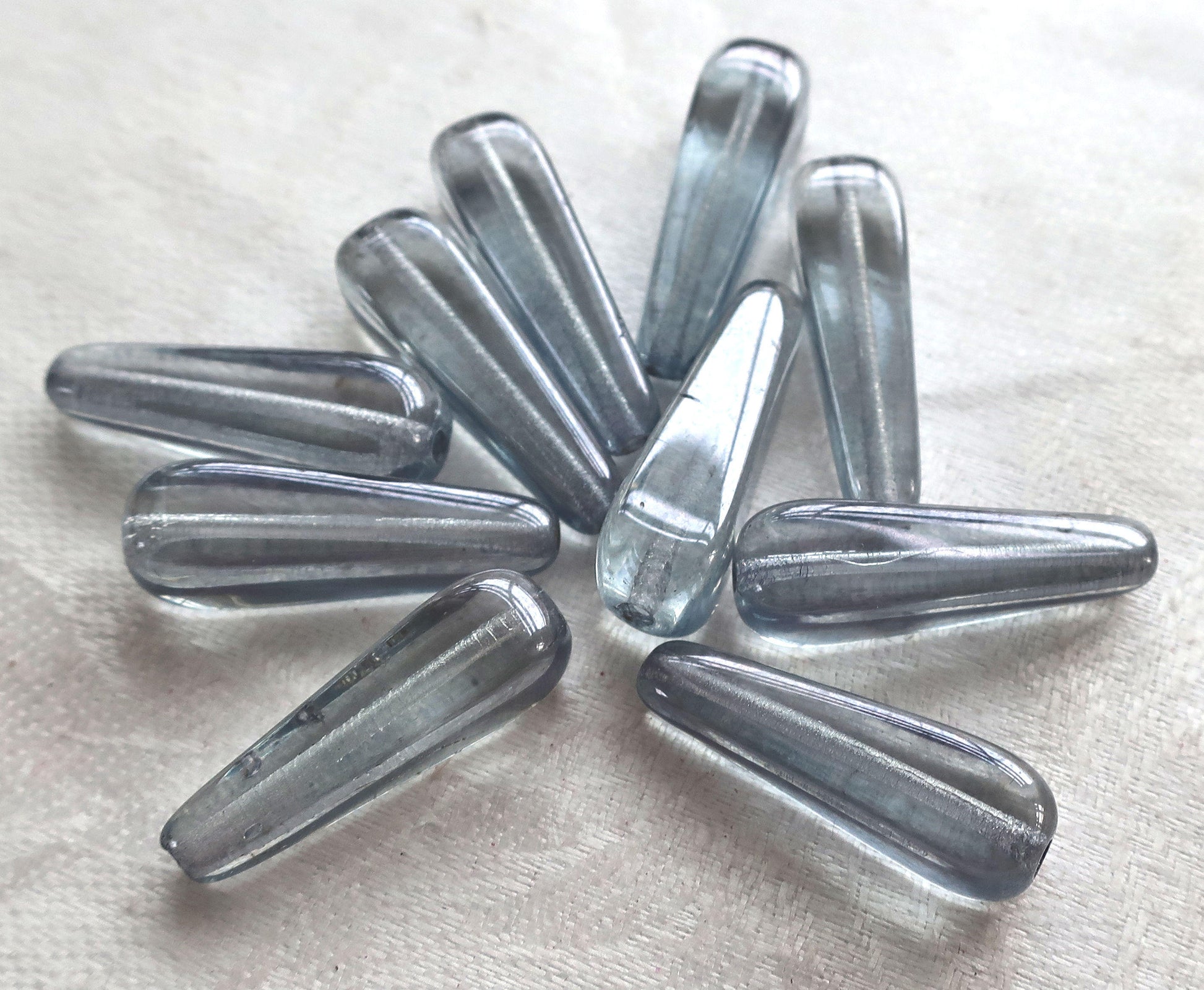 Lot of six 27 x 10mm Lumi Blue squared long teardrop beads, pressed large Czech glass elongated tear drops, C4401 - Glorious Glass Beads