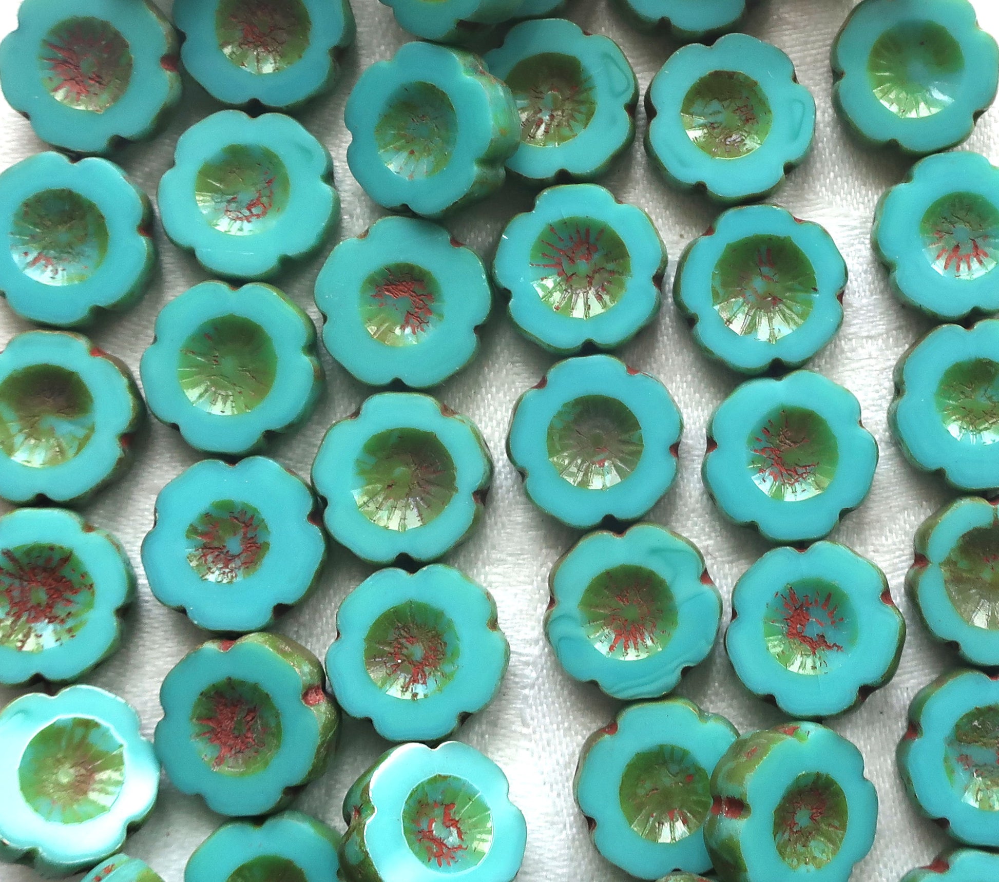 Six 14mm Czech glass flower beads, opaque turquouse blue green picasso, table cut, carved Hawaiian Flower beads C02106 - Glorious Glass Beads