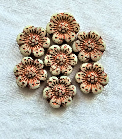 Twelve Czech glass wild rose flower beads - 14mm opaque off white floral beads with a copper wash C07105 - Glorious Glass Beads