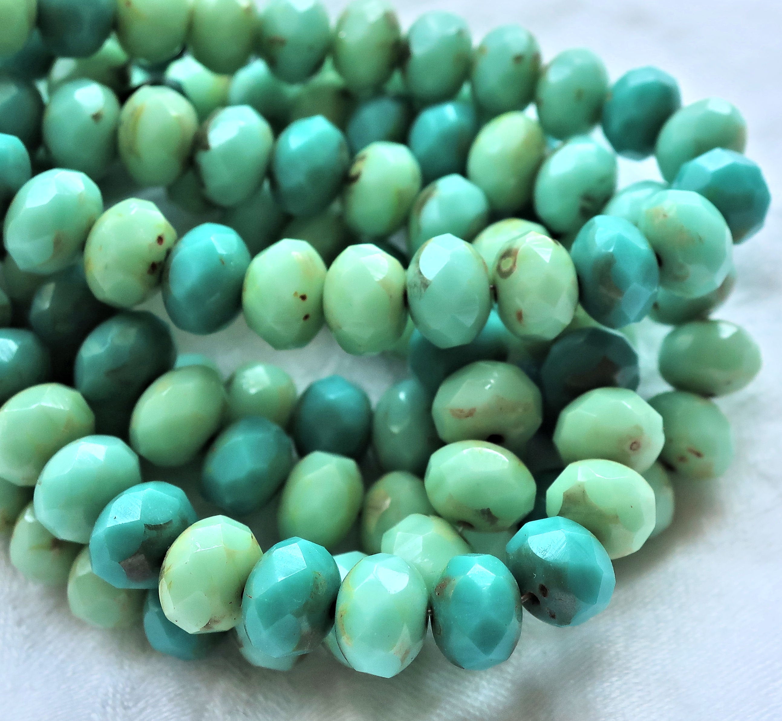 Lot of 25 puffy rondelle beads, turquoise blue green mix with a picasso finish, 8mm x 6mm faceted Czech glass rondelles 07201 - Glorious Glass Beads