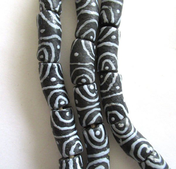 5 African Ghana glass tube beads - curved black beads w/ white zen pattern - large Krobo sand cast big hole rustic beads - C00561